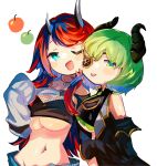  2girls apple bangs bikini bikini_top_only black_bikini black_hair black_sleeves blue_eyes blue_shorts blush breasts commentary_request demon_girl demon_horns detached_sleeves eyepatch fishnet_top fishnets food fruit green_apple green_hair highres honey_strap horns jacket jewelry large_breasts long_hair long_sleeves looking_at_viewer midriff multicolored_hair multiple_girls navel navel_piercing necklace official_alternate_costume one_eye_closed open_mouth piercing red_apple red_hair ryugasaki_rene sekishiro_mico shio_midori short_hair shorts shrug_(clothing) simple_background smile sugar_lyric swimsuit tongue tongue_out two-tone_hair underboob upper_body virtual_youtuber white_background white_jacket 