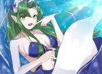  1girl bikini blue_bikini blue_bra blue_headwear blue_sarong blush bow bra breasts collarbone commentary_request cup earrings eyebrows_visible_through_hair fang ghost_tail green_eyes green_hair hat hat_bow highres holding holding_cup jewelry large_breasts long_hair midriff milll_77 mima_(touhou) navel open_mouth pointy_ears sarong stomach swimsuit touhou touhou_(pc-98) underwear very_long_hair white_bow wizard_hat yellow_bow 