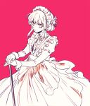  1boy 302 alternate_costume cane crossdressing dress earrings enmaided frilled_dress frills gun highres jewelry lio_fotia maid maid_headdress male_focus monochrome otoko_no_ko photo-referenced planted promare solo turtleneck weapon 