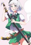  1girl belt black_bow black_bowtie black_hairband black_ribbon blush bob_cut bow bowtie breasts brown_belt collared_shirt contrapposto cowboy_shot eyebrows_visible_through_hair flower ghost green_eyes green_skirt green_vest grey_hair hair_ribbon hairband highres katana konpaku_youmu looking_at_viewer navel open_mouth pleated_skirt ribbon shirt short_hair short_sleeves simotukiaoi1119 skirt skirt_set small_breasts sword touhou vest wakizashi weapon white_shirt 