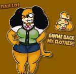  absurd_res angry animal_crossing anthro canid canine canis clothed clothing cross-popping_vein crossover domestic_dog duck_hunt duck_hunt_dog duo female hand_on_hip hi_res isabelle_(animal_crossing) lewdewott mammal nintendo shadow shih_tzu simple_background smile text toy_dog video_games 