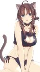 1girl ahoge animal_ears bangs bare_arms bare_shoulders bell black_bra black_choker black_panties blue_eyes bra brown_hair cat_cutout cat_ear_panties cat_ears cat_girl cat_lingerie cat_tail choker cleavage_cutout clothing_cutout collarbone commentary eyebrows_visible_through_hair frilled_bra frills groin highres jingle_bell long_hair looking_at_viewer meme_attire nagami_yuu neck_bell open_mouth original panties parted_bangs side-tie_panties simple_background sitting solo symbol-only_commentary tail underwear underwear_only wariza white_background 