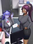  2girls absurdres astaroth_(shinrabanshou) bamboowacker bike_shorts black_sclera bleach blue_hair blue_skin breasts chair cleavage colored_sclera colored_skin computer crossover dark-skinned_female dark_skin demon_girl demon_horns desk earrings file_cabinet folder formal from_above grey_jacket grey_skirt grey_sweater hand_on_own_thigh hand_on_table heart heart_earrings high_ponytail highres horns huge_breasts indoors jacket jewelry large_breasts long_hair looking_at_viewer looking_up monitor multiple_girls office office_chair office_lady open_mouth pencil_skirt pointy_ears purple_hair shihouin_yoruichi shinrabanshou shirt sitting skirt skirt_suit standing suit sweater white_shirt 