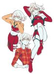  302 3boys alternate_costume androgynous crop_top detached_sleeves garter_straps harness highres limited_palette lio_fotia loincloth male_focus midriff multiple_boys otoko_no_ko pelvic_curtain plaid promare shirt_belt shrug_(clothing) thigh_strap 