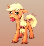  apple applejack_(mlp) blonde_hair blush buttersprinkle earth_pony equid equine eyelashes female feral food freckles friendship_is_magic green_eyes hair hasbro hi_res hooves horse mammal mouth_hold my_little_pony orange_body pony signature simple_background smile solo tan_background 