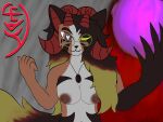  &lt;3 &lt;3_eyes 4_horns absurd_res anthro black_eyes blonde_hair bovid brown_hair brown_markings brown_tail canid canine caprine caprine_demon collar demon eyewear facial_markings female fox fur giant_hand glasses goat_demon hair hands_behind_back head_markings heterochromia hi_res horizontal_pupils horn hybrid judity_della_vanny(vany214) long_hair long_tail magic mammal markings multi_horn multicolored_body multicolored_hair multicolored_tail orange_body orange_fur pink_eyes pupils red_ears red_horn solo vany214 white_body white_fur yellow_tail 