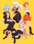  4girls animal_ears bag bangs blue_hair blunt_bangs blush boots breasts cat_ears cat_girl cat_tail commentary do_m_kaeru eyebrows_visible_through_hair fang fire_emblem fire_emblem:_three_houses full_body garreg_mach_monastery_uniform gloves hair_between_eyes hair_bun high_heel_boots high_heels hilda_valentine_goneril holding leonie_pinelli long_hair long_sleeves looking_back lysithea_von_ordelia marianne_von_edmund medium_breasts multiple_girls one_eye_closed open_mouth orange_hair paper_bag pink_hair short_hair simple_background sitting standing sweatdrop symbol-only_commentary tail thighhighs tongue twintails white_hair yellow_background 