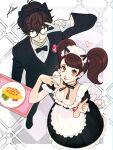 1boy 1girl absurdres amamiya_ren animal_ears apron black_bow black_bowtie black_dress black_hair black_jacket black_pants bow bowtie breasts brown_hair btmr_game cat_ears cleavage commentary_request dated dress fake_animal_ears food frilled_dress frills glasses hair_between_eyes heart highres holding holding_tray jacket kawakami_sadayo lips long_sleeves maid maid_headdress neck_ribbon omurice opaque_glasses orange_eyes pants persona persona_5 plate red_eyes ribbon simple_background sparkle tray twintails v v_over_eye white_apron 