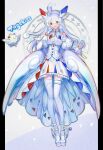  1girl breasts dress gloves highres kantarou_(8kan) long_hair medium_breasts open_mouth personification pokemon pokemon_(creature) solo thighhighs togekiss white_dress white_hair 