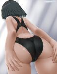  1girl ass ass_focus ass_grab back backless_outfit bare_back black_hair competition_swimsuit cowboy_shot day dd_(ijigendd) facing_away from_behind grabbing_own_ass highres long_hair one-piece_swimsuit original solo standing swimsuit thighs 