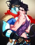  2boys animal_ears armor ass birthmark black_hair blue_skirt cat_ears cat_tail clothes_pull joestar_birthmark jojo_no_kimyou_na_bouken kemonomimi_mode kujo_jotaro less_end loincloth long_hair multiple_boys neckerchief no_coat pants pants_pull pauldrons pelvic_curtain purple_shirt shirt shoulder_armor skirt stand_(jojo) star_platinum stardust_crusaders tail tank_top tiara yaoi 