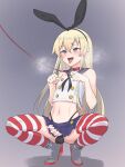  1boy bar_censor black_hairband black_neckerchief black_panties blonde_hair blue_skirt censored covered_testicles crop_top crossdressing elbow_gloves genderswap genderswap_(ftm) gloves grey_eyes hairband highleg highleg_panties highres kantai_collection leash long_hair male_focus microskirt navel neckerchief otoko_no_ko panties penis pleated_skirt rudder_footwear sailor_collar shimakaze-kun shimakaze_(kancolle) skirt solo spread_legs squatting striped striped_legwear thighhighs thong underwear white_gloves yotubeya 