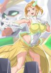  1girl :d abs armpits bangs blue_eyes blurry blurry_background breasts brown_hair cape capelet character_request commentary_request cosplay covered_navel cowboy_shot earpiece gloves groin gundam gundam_build_fighters gundam_build_fighters_try gundam_seed gundam_seed_destiny hair_ornament hand_on_own_chest highleg highleg_leotard highres hoshino_fumina impossible_clothes impossible_leotard large_breasts leotard looking_to_the_side mecha meer_campbell meer_campbell_(cosplay) music open_mouth outstretched_arm ozaneko partial_commentary ponytail sidelocks singing smile solo_focus standing star_(symbol) star_hair_ornament teeth two-tone_leotard upper_teeth waist_cape white_capelet white_gloves white_leotard yellow_cape yellow_leotard 
