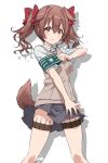  1girl :3 animal_ears armband asanaya bow breasts brown_eyes brown_sweater_vest brown_tail collared_shirt cosplay dog_ears dog_girl dog_tail dot_nose dress_shirt drop_shadow extra_ears feet_out_of_frame grey_skirt hair_between_eyes hair_bow highres hololive inugami_korone looking_at_viewer needle red_bow safety_pin school_uniform shirai_kuroko shirai_kuroko_(cosplay) shirt short_sleeves signature simple_background skirt solo sweater_vest tail thigh_strap throwing_needles toaru_kagaku_no_railgun toaru_majutsu_no_index tokiwadai_school_uniform twintails v-neck v-shaped_eyebrows virtual_youtuber white_background white_shirt 