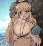  1girl bangs beach bikini bikini_pull blonde_hair blue_eyes blunt_bangs bow breast_lift breasts clothes_pull collarbone criss-cross_halter flower hair_bow hair_flower hair_ornament halterneck highres huge_breasts long_hair looking_at_viewer navel niizuka_(c-drop) nipples one_breast_out open_mouth ponytail princess_connect! rock saren_(princess_connect!) sidelocks smile strap_gap swimsuit tareme upper_body wet 