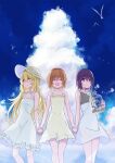  3girls bangs bare_shoulders bird blonde_hair blush brown_hair closed_eyes cloud cloudy_sky commentary_request denken dolly_(toaru_kagaku_no_railgun) dress eyebrows_visible_through_hair feet_out_of_frame frilled_dress frills hat highres holding_hands jar kouzaku_mitori long_hair looking_at_viewer multiple_girls open_mouth outdoors purple_eyes purple_hair seagull shokuhou_misaki short_hair sidelocks sky sleeveless sleeveless_dress smile standing sun_hat sundress toaru_majutsu_no_index white_dress yellow_eyes 