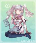  1girl artist_request blue_eyes blush braid breasts crown_braid curly_hair head_wings highres juliet_sleeves long_sleeves looking_at_viewer medium_breasts melia_antiqua pokemon pokemon_(creature) pokemon_(game) pokemon_legends:_arceus puffy_sleeves silver_hair simple_background smile solo thighhighs xenoblade_chronicles xenoblade_chronicles:_future_connected xenoblade_chronicles_(series) 