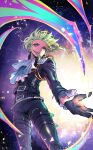  1boy 302 ascot black_gloves black_jacket blue_fire cowboy_shot earrings fire gloves green_fire green_hair half_gloves highres jacket jewelry leather leather_pants lio_fotia male_focus outstretched_hand pants pink_fire promare purple_eyes purple_fire pyrokinesis solo standing 