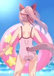  1girl animal_ears ass back bare_shoulders blue_background blue_sky bow butt_crack casual_one-piece_swimsuit cloud commentary_request cowboy_shot day facing_away from_behind gradient gradient_background hair_ribbon haru_urara_(umamusume) highres holding holding_innertube horizon horse_ears horse_girl horse_tail innertube kneepits long_hair mons_pubis one-piece_swimsuit outdoors pink_hair pink_swimsuit red_ribbon ribbon saeki_tatsuya shoulder_blades simple_background sky sleeveless solo standing star_(symbol) swimsuit tail umamusume very_long_hair water 