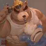  2022 anthro ashigara brown_body clothing duo embrace eyewear hat headgear headwear hi_res hug jmeo1230 kemono lifewonders male mammal one_eye_closed overweight overweight_male polar_bear shirt size_difference sunglasses tokyo_afterschool_summoners topwear ursid ursine video_games white_body 