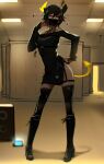 1girl ^_^ amplifier backrooms_(creepypasta) black_hair black_legwear boots breasts cellphone closed_eyes collar dress ehrrr highres horns mask misery-chan mouth_mask musical_note original phone short_hair smartphone solo tail thigh_strap thighhighs 