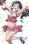  1girl amano_hina_(tenki_no_ko) armpits black_hair blue_eyes cheering cheerleader crop_top crop_top_overhang highres holding holding_pom_poms kneehighs long_hair looking_at_viewer low_twintails macaroni_hourensou midriff miniskirt navel open_mouth panties pink_footwear pink_shirt pink_skirt pom_pom_(cheerleading) shirt shoes skirt sleeveless sleeveless_shirt smile sneakers solo sweat symbol-only_commentary tenki_no_ko twintails underwear white_legwear white_panties 