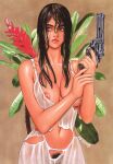  1girl areolae bare_shoulders breasts brown_eyes brown_hair collarbone damaged dress female_pubic_hair flower gun handgun highres holding holding_gun holding_weapon large_breasts leaf lips long_hair navel nipple_slip nipples non-web_source original plant pubic_hair revolver see-through signature simple_background solo torn_clothes torn_dress transparent tsukasa_jun weapon wet wet_clothes wet_hair 