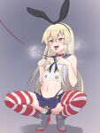  1boy bar_censor black_hairband black_neckerchief black_panties blonde_hair blue_skirt censored chastity_belt covered_testicles crop_top crossdressing elbow_gloves genderswap genderswap_(ftm) gloves grey_eyes hairband highleg highleg_panties highres kantai_collection leash long_hair male_focus microskirt navel neckerchief otoko_no_ko panties penis pleated_skirt rudder_footwear sailor_collar shimakaze-kun shimakaze_(kancolle) skirt solo spread_legs squatting striped striped_legwear thighhighs thong underwear white_gloves yotubeya 