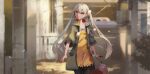  1girl black_legwear dress green_vest grey_eyes grey_hair hair_between_eyes hair_ornament hairclip highres holding holding_suitcase kazo long_hair looking_at_viewer monogatari_(series) oikura_sodachi owarimonogatari pantyhose silver_hair solo suitcase twintails vest yellow_dress 