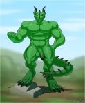  abs anthro avoid_posting balls biceps big_muscles casual_nudity dragon feet fist flaccid foreskin genitals green_body green_scales happy hi_res humanoid_genitalia humanoid_penis ing_at_viewer looking_at_viewer male muscular muscular_anthro muscular_male navel nazuu-m0nster non-mammal_navel nude outside pecs penis red_eyes reptile scales scalie smile solo solo_focus varanis_blackclaw 