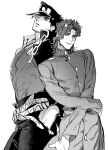  2boys chain gakuran greyscale halftone hat jojo_no_kimyou_na_bouken kakyoin_noriaki kujo_jotaro long_coat male_focus monochrome multiple_boys nitako school_uniform stardust_crusaders 