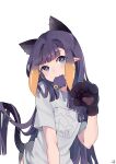  1girl absurdres animal_ears animal_hands bangs blonde_hair blue_eyes blush cat_ears cat_tail commentary extra_ears eyebrows_visible_through_hair gloves grey_shirt hand_up highres hololive hololive_english long_hair looking_at_viewer lucferz mole mole_under_eye mouth_hold multicolored_hair ninomae_ina&#039;nis paw_gloves paw_pose pointy_ears purple_hair shirt short_sleeves simple_background solo streaked_hair tail tako_(ninomae_ina&#039;nis) upper_body very_long_hair white_background 