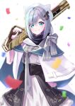  1girl absurdres alternate_costume blue_eyes cape commentary confetti gun hair_ornament hat highres iris_black_games kaga_sumire lupinus_virtual_games noyk_iv rifle short_hair silver_hair simple_background smile solo virtual_youtuber vspo! weapon white_background winter_clothes 