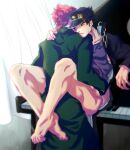  2boys black_hair bottomless chain earrings from_behind gakuran green_eyes hat implied_anal instrument jewelry jojo_no_kimyou_na_bouken kakyoin_noriaki kujo_jotaro leg_lock less_end long_coat male_focus multiple_boys piano piano_keys pink_hair red_hair school_uniform sex sitting standing standing_sex stardust_crusaders sweat yaoi 