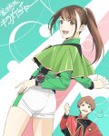  1boy 1girl ass brown_eyes brown_hair hayami_sena highres long_hair looking_at_viewer mashin_sentai_kiramager nori_(norimakigumo) open_mouth ponytail shorts smile standing super_sentai 