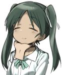  1girl bangs chin_stroking choker closed_eyes disembodied_limb eyebrows_visible_through_hair fankupl francesca_lucchini green_hair hair_ribbon highres jacket long_hair neck_ribbon parted_bangs ribbon simple_background sketch smile strike_witches twintails white_background white_ribbon world_witches_series 