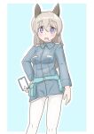  1girl animal_ears blonde_hair blue_background blue_jacket blush border breasts contrapposto dog_ears eila_ilmatar_juutilainen hand_on_hip jacket long_hair medium_breasts open_mouth pantyhose purple_eyes solo strike_witches uniform white_border white_legwear world_witches_series yama_dango 