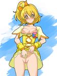  agahat blonde_hair blush breasts cameltoe cure_pine framed_breasts fresh_precure! fresh_pretty_cure! frontal_wedgie highres panties panty_pull precure pretty_cure self_wedgie short_hair uncensored underwear wedgie yamabuki_inori 