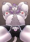  2018 anthro armpit_hair aster_(astral-lion) body_hair brown_background bulge chest_hair clothed clothing english_text feline fluffysnowmeow front_view hair hands_behind_head hi_res lion looking_at_viewer male mammal musclegut nipples open_mouth pantherine purple_eyes purple_hair simple_background skimpy solo spread_legs spreading text underwear 