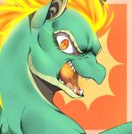  2018 angry asian_mythology bust_portrait chinese_mythology countershade_scales countershading digital_drawing_(artwork) digital_media_(artwork) east_asian_mythology eyelashes female feral fire flaming_hair green_body green_scales kasusei longma looking_at_viewer mythology open_mouth orange_eyes portrait pseudo_hair pupils scales scalie sharp_teeth simple_background slit_pupils solo teeth them&#039;s_fightin&#039;_herds tianhuo_(tfh) 
