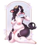 anthro aukoon black_body black_fur black_hair bottle bovid bovine breasts cattle container curvy_figure female fur hair hi_res horn kneeling knock-kneed mammal milk milk_bottle multicolored_body multicolored_fur nipples nude pouring_onto_self purple_eyes slightly_chubby solo teats thick_thighs two_tone_body two_tone_fur udders voluptuous white_body white_fur 