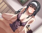  1girl bangs bare_shoulders black_hair blunt_bangs blush breasts brown_eyes cleavage clenched_teeth collarbone commentary_request covered_penetration cowgirl_position dress girl_on_top hairband hetero highres implied_sex indoors jack_dempa large_breasts long_hair natsukawa_kuroba original purple_dress solo_focus straddling teeth wavy_mouth white_hairband wince 