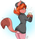  alternate_species anthro beret beverage biped black_eyebrows brown_ears brown_fur brown_tail butt canine clothing coffee cup dipstick_tail duckdraw eyebrows eyelashes female fox fur gloves_(marking) hair hat holding_cup ivanna legwear looking_at_viewer looking_back mammal markings multicolored_tail orange_hair panties pantyhose portrait short_hair simple_background solo standing steam sweater three-quarter_portrait two_tone_tail underwear waggles 