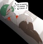  &lt;3 absurd_res butt clothing dialogue female fingering fingering_self fir3born flat_chested gardevoir generation_3_pokemon genitals green_hair hair hi_res humanoid latex_stockings legwear looking_at_viewer looking_back looking_back_at_viewer lying masturbation narrowed_eyes nintendo nipples on_front pokemon pokemon_(species) presenting presenting_hindquarters presenting_pussy pussy red_eyes solo thigh_highs vaginal vaginal_fingering white_body 