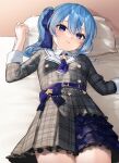  1girl absurdres belt blue_eyes blue_hair blush breasts highres hololive hoshimachi_suisei looking_at_viewer lying on_back paid_reward_available parted_lips side_ponytail small_breasts smilesmile1312 solo virtual_youtuber 