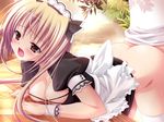  1boy 1girl blush bottomless game_cg maid open_mouth outdoors sex thighhighs 