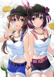  2girls :d akanebi azki_(hololive) belt black_hair blue_eyes bracelet brown_hair cabbie_hat collarbone colored_inner_hair dandelion flower hat highres holding_hands hololive jewelry long_hair midriff multicolored_hair multiple_girls necklace pink_hair purple_eyes shirt short_hair shorts smile tank_top tied_shirt tokino_sora virtual_youtuber 