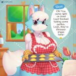  absurd_res animal_crossing anthro big_breasts blue_body blue_fur breasts canid canine canis dialogue female fur gammainks hi_res mammal nintendo skye_(animal_crossing) solo thick_thighs video_games window wolf 