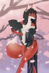  absurd_res anthro asian_clothing canid canine clothing east_asian_clothing evgheshkafx female fox green_eyes hair hand_fan hi_res japanese japanese_clothing kimono long_hair looking_angry mammal sakura solo thick_thighs 