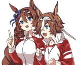  2girls animal_ears bamboo_memory_(umamusume) bangs blue_eyes blush braid brown_hair clenched_hands hair_between_eyes hair_over_one_eye headband highres horse_ears index_finger_raised iris_league jacket long_hair multicolored_hair multiple_girls open_mouth partially_unzipped red_jacket shirt simple_background smile streaked_hair super_creek_(umamusume) track_jacket umamusume upper_body white_background white_shirt 